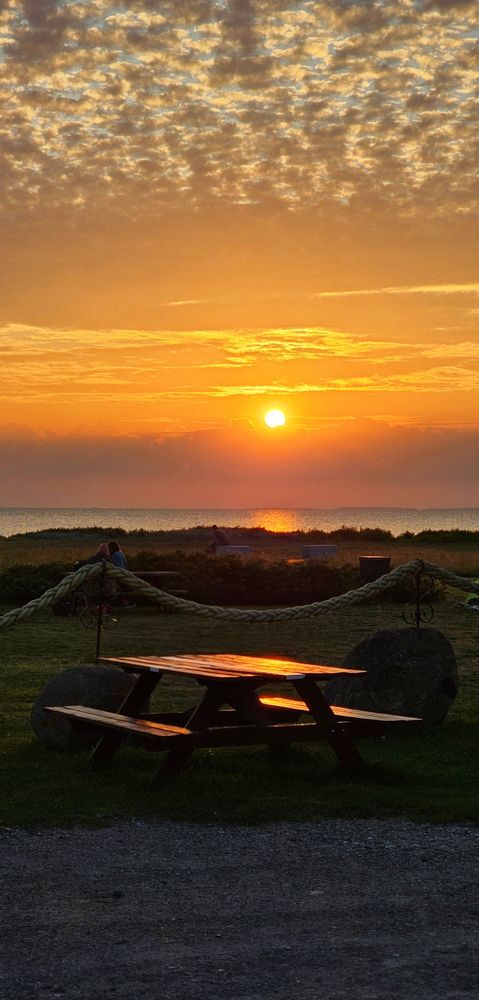 Vor mir liegt die Ostsee, die in den warmen Farben des Sonnenuntergangs glüht. Ein breiter Streifen aus glitzerndem Wasser zieht sich bis zum Horizont, wo die Sonne als strahlender, oranger Ball untergeht. Der Himmel ist in sanfte Gelb-, Orange- und Rosatöne getaucht, unterbrochen von zarten, flauschigen Wolken, die wie goldene Pinselstriche wirken. Im Vordergrund, auf einer grünen Wiese, steht eine rustikale Holzbank mit einem passenden Tisch, dessen Oberfläche das letzte Licht des Tages reflektiert. Umgeben von großen Steinen und einer dicken Seilabsperrung, bildet diese Bank einen ruhigen Aussichtspunkt, von dem aus ich dieses magische Naturschauspiel in Gedser beobachten kann.