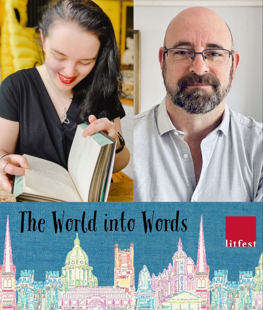 Simon and Ruth-Anne with the Litfest logo. The logo is an outline of Lancaster's skyline with the tag-line 'The World into Words". 