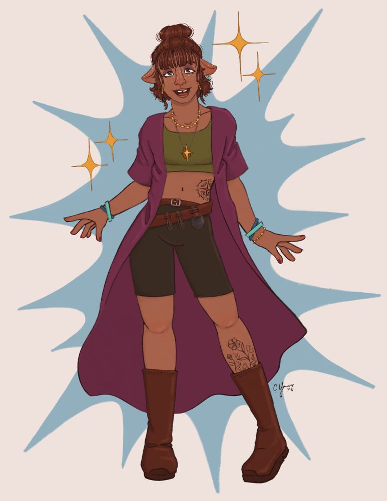 A woman with feet like ears poses. She wears a magenta cloak, green crop top, and green-gray caprese pants. 