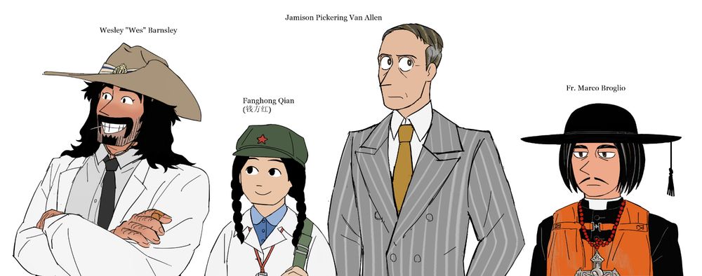 A lineup of 4 human versions of my spacecraft gijinkas. WRESAT is a man in a lab coat and Australian air force hat named Wesley Barnsley, DFH-1 is a woman wearing a satchel and Chinese red army cap with a harmonica hung around her neck named Fanghong Qian, Explorer-1 is a tall older man in a pinstripe suit named Jamison Pickering Van Allen, and San Marco is a priest in a life vest named Marco Broglio.
