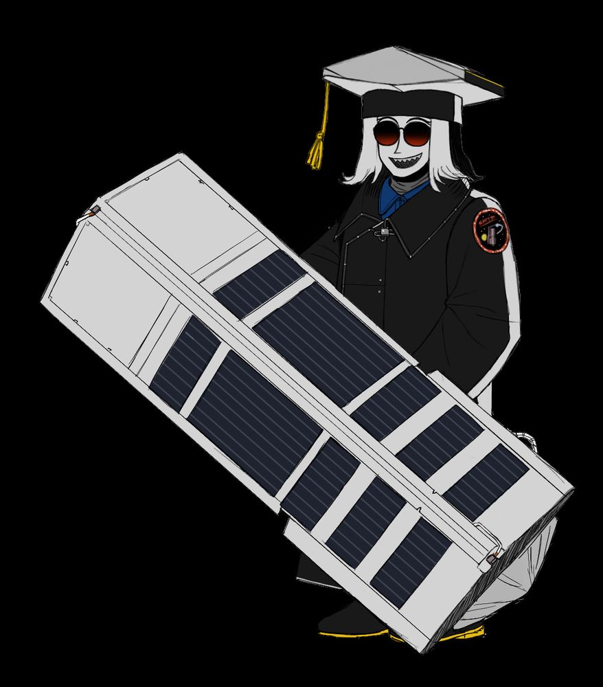 A humanoid personification of the Spitzer space telescope. He's wearing a stylised graduation cap and is holding the spacecraft's solar panel shield out in front of him. He is smiling. 