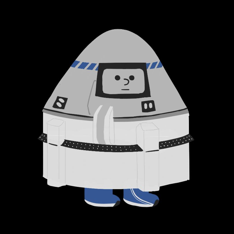 A cartoon illustration of Boeing's Starliner capsule. It has a face on its hatch with a neutral expression and blue booted feet sticking out from under it. 