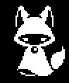 gif animation of a white pixel art wit black background inspired in the undertale battle style 
the character is a gooded fox with what looks like eyes showing from the hood shadow, but are revealed to be cheek marks when it transitions into the defeat sprite, the defeat sprite has spiral eyes and a sad mouth, also during the normal idle animation teir tail changes from left to righth but when it is defeated te tail gets all prickly 