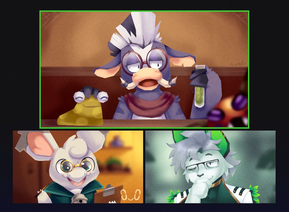 Illustration with three separate screens mimicking a video call 
on the top screen, with a green border indicating they are talking, is a anthro skunk-moehog, a neopets species, They have a white moehawk with black stripes, dark grey fur and tan colored muzzle with tusks as well as black claws, they are wearing a dark red cape and glasses, as well as dark metal rings on their tusks, on oe hand they hold a flask with green liquid, while they pet a slorg (petpet from neopets that looks like a slug) withh the ohter, also to the bottom right a little blurry from being too close to the camera, a apple-spider looking petpet is poking out. 
On the left bottom screenn is an anthro nidorina (pokemon) with grey fur, wearing bronze glasses and a green cape with a silver bell (soothe bell) she is holding a pencil and a clipboard, they have a big smile in their face.
On the final, bottom right, screen is a anthro bat with light fur and grey hair, black ears with bright green interior, they are wearing a white lab coat with a fancy dark greenn interior and gold trim, they also have gold acessories on their neck and ear, and leaves adorning their coat, they are wearinng glasses and have a sneakering expression