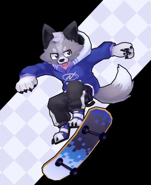 illustration of a cute platinum fox character jumping with a skateboard, they are wearing a blue and white hoodie with a sketchy logo of a circle with a lightining bold, and baggy black pants with white and blue squares on the side as a pattern, they have shoes with open toes that are shaped around their digitigrade feet, they are also blue and white. The skate board as a pixel-like pattern on the bottom that goes from white to blue to black than back to blue at the very tip
There expression is one of determination but also with a silly smile having their tongue out 