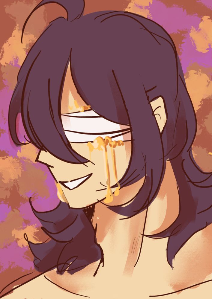 A bust of Theodore Lowell, a pale man with a dark purple wolf cut. His eyes are covered by a white bandage, with molten gold dripping from underneath. He is smiling. The background is a slew of brown, yellow and purple. 