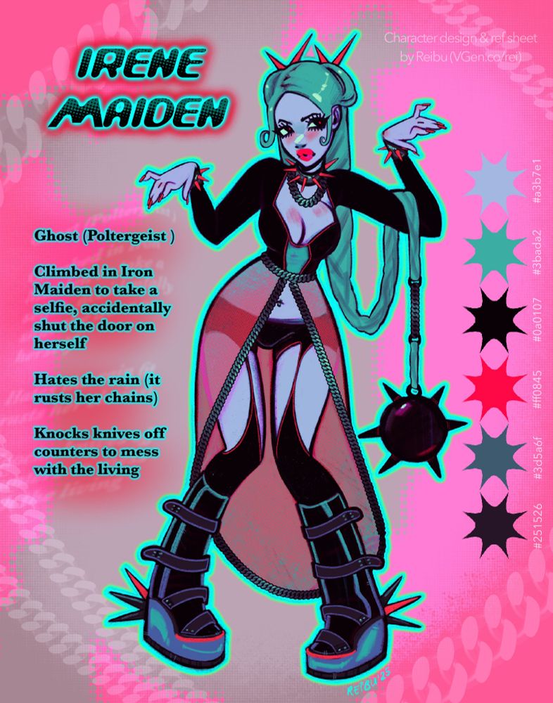 A digital illustration of a ghost character with blue skin and green hair wearing alternative fashion. 
