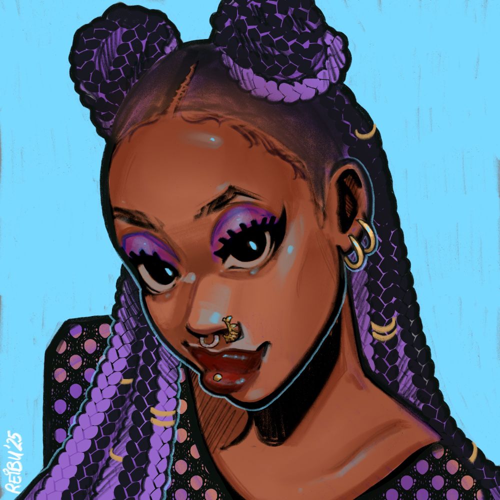 A digital illustration of a woman with braids in buns and a net top. 