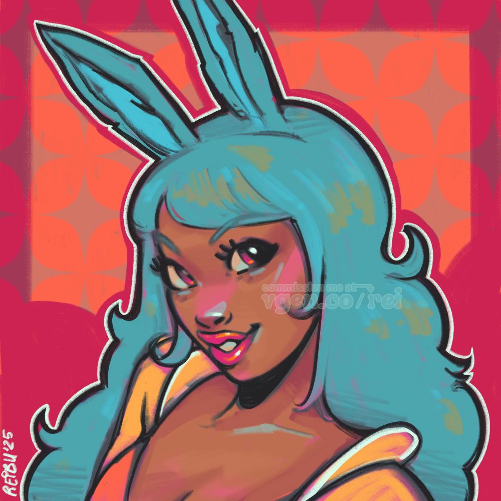 A digital illustration of a character with almond skin, bunny ears, and blue hair. 