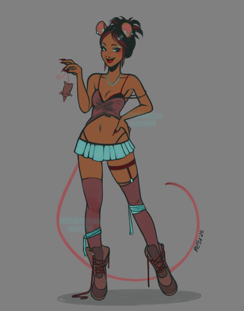 A digital illustration of a woman with mouse ears and tail holding a tiny rat by its tail.