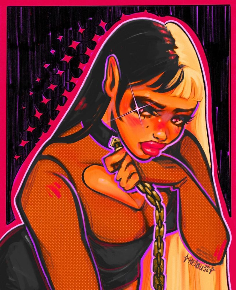 A digital illustration of a succubus character with a chained necklace.
