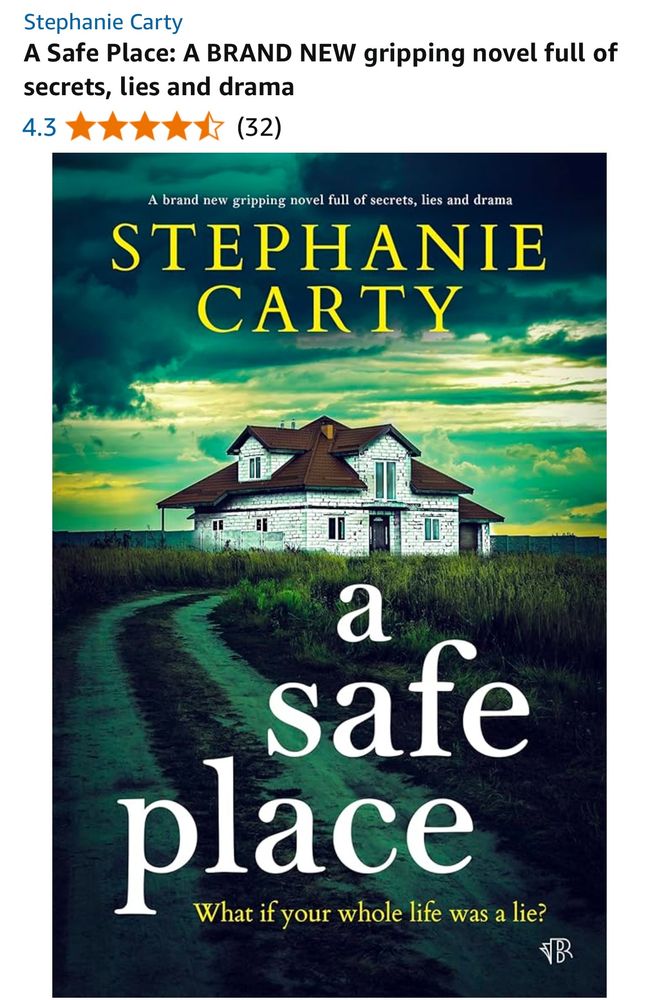 Book cover for A Safe Place shows a windy path to a solitary house with menacing skies behind 