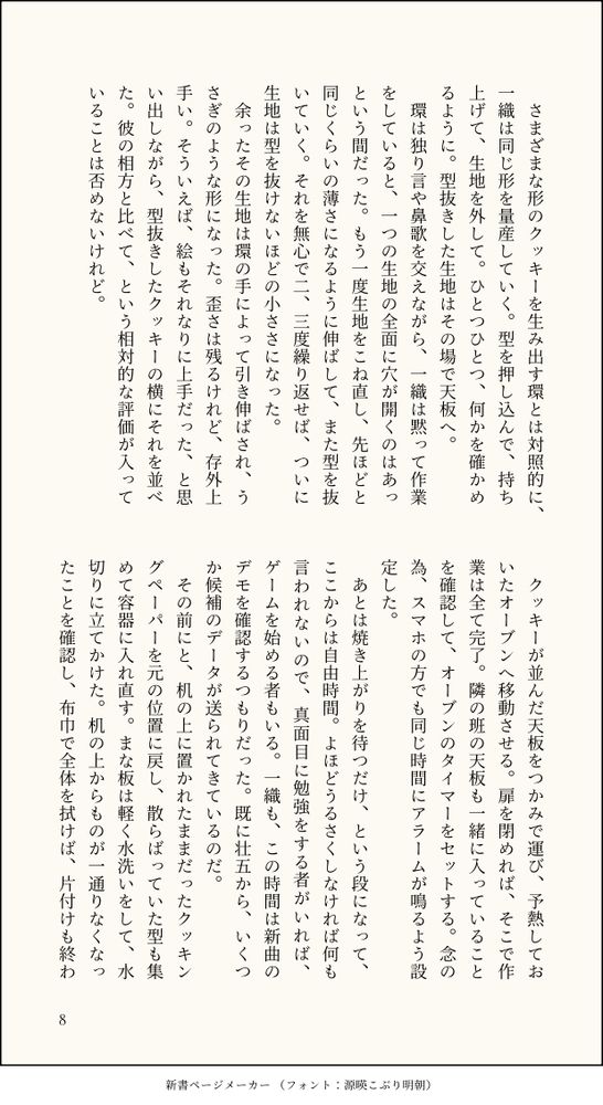 さまざまな形のクッキーを生み出す環とは対照的に、一織は同じ形を量産していく。型を押し込んで、持ち上げて、生地を外して。ひとつひとつ、何かを確かめるように。型抜きした生地はその場で天板へ。
　環は独り言や鼻歌を交えながら、一織は黙って作業をしていると、一つの生地の全面に穴が開くのはあっという間だった。もう一度生地をこね直し、先ほどと同じくらいの薄さになるように伸ばして、また型を抜いていく。それを無心で二、三度繰り返せば、ついに生地は型を抜けないほどの小ささになった。
　余ったその生地は環の手によって引き伸ばされ、うさぎのような形になった。歪さは残るけれど、存外上手い。そういえば、絵もそれなりに上手だった、と思い出しながら、型抜きしたクッキーの横にそれを並べた。彼の相方と比べて、という相対的な評価が入っていることは否めないけれど。
　
　クッキーが並んだ天板をつかみで運び、予熱しておいたオーブンへ移動させる。扉を閉めれば、そこで作業は全て完了。隣の班の天板も一緒に入っていることを確認して、オーブンのタイマーをセットする。念の為、スマホの方でも同じ時間にアラームが鳴るよう設定した。
　あとは焼き上がりを待つだけ、という段になって、ここからは自由時間。よほどうるさくしなければ何も言われないので、真面目に勉強をする者がいれば、ゲームを始める者もいる。一織も、この時間は新曲のデモを確認するつもりだった。既に壮五から、いくつか候補のデータが送られてきているのだ。
　その前にと、机の上に置かれたままだったクッキングペーパーを元の位置に戻し、散らばっていた型も集めて容器に入れ直す。まな板は軽く水洗いをして、水切りに立てかけた。机の上からものが一通りなくなったことを確認し、布巾で全体を拭けば、片付けも終わ
