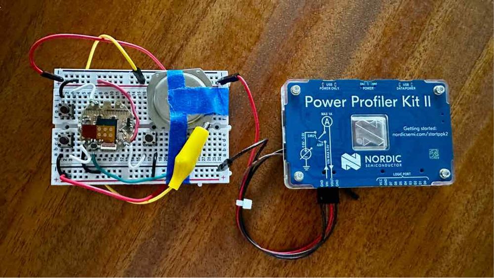 Photo of a breadboarded gadget plugged into a Nordic Power Profiler.