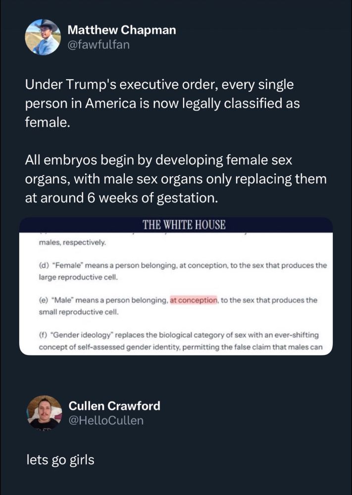 a post by matthew chapman reading, "under trump's executive order, every single person in america is now legally classified as female. all embryos begin by developing female sex organs, with male sex organs only replacing them at around 6 weeks of gestation", with an infix screenshot of the pertinent EO.  then a reply by cullen crawford, "lets go girls"