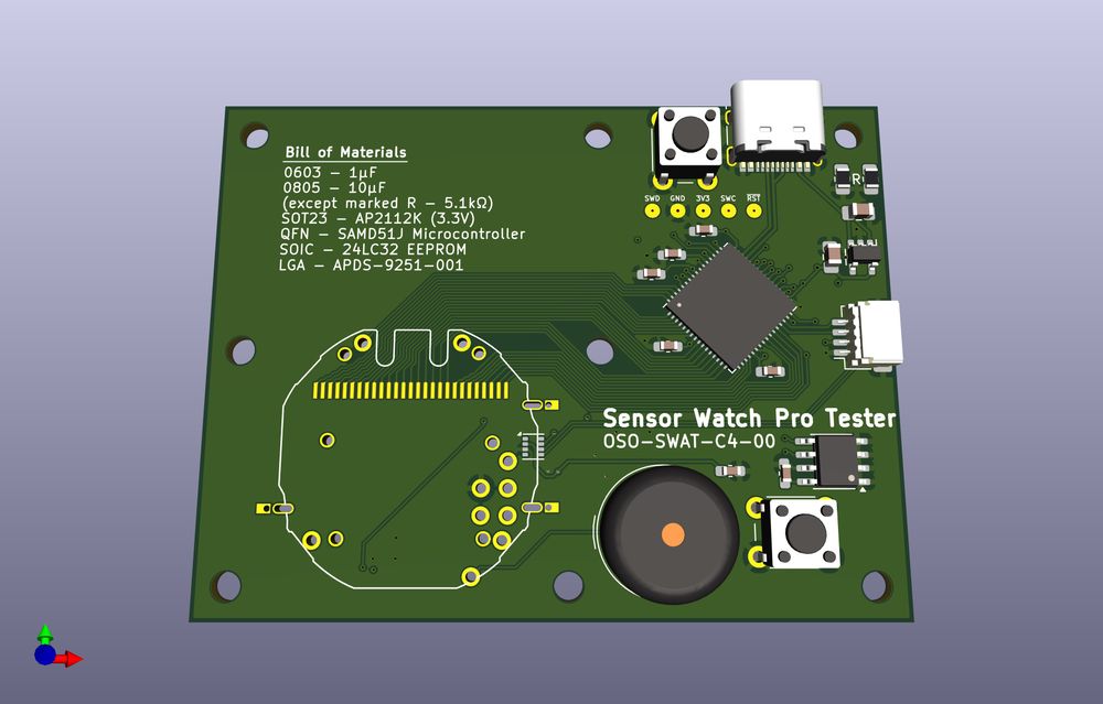 Rendering of a green circuit board, “Sensor Watch Pro Tester”, with a detailed bill of materials stenciled on to the silkscreen.