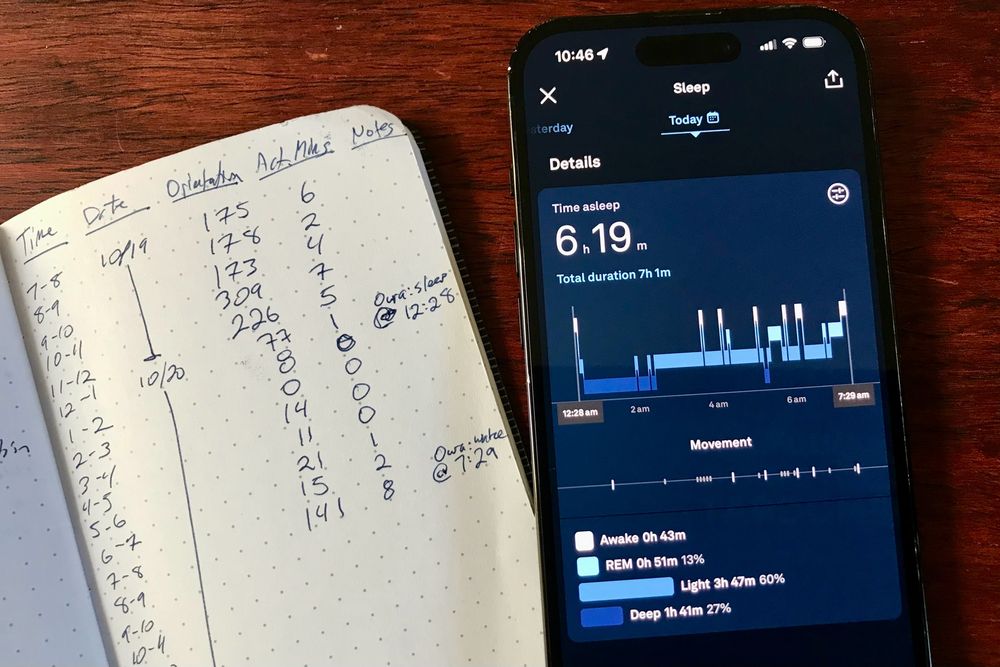 Photo of a notepad page tracking accelerometer data next to an Oura screenshot of sleep data.