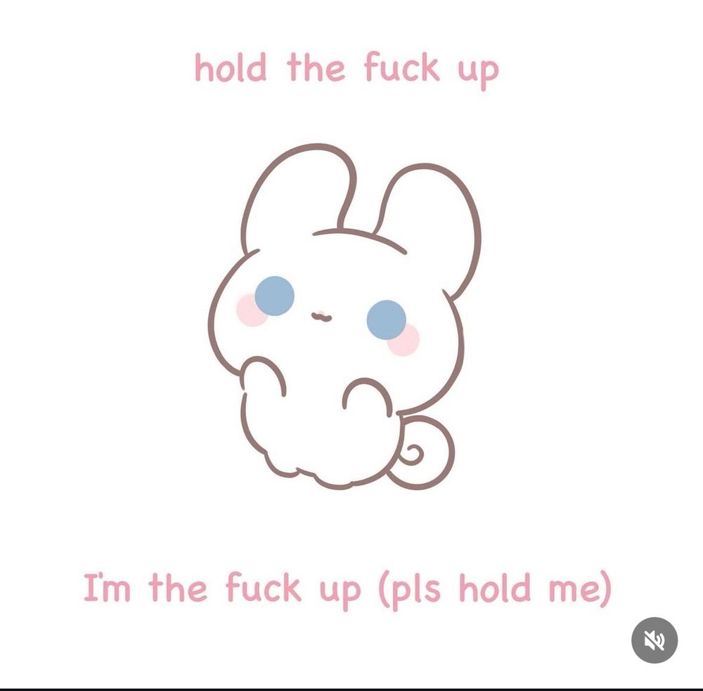 A cartoon bunny bunny raising their arms with the text "hold the fuck up" on top and "I'm the fuck up (pls hold me)" at the bottom 