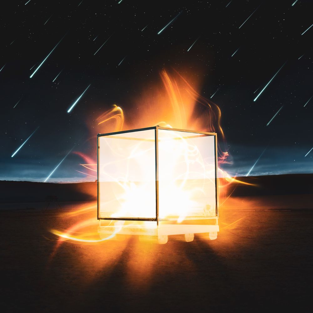 a glowing cube bursting with light and a night sky with shooting stars behind it