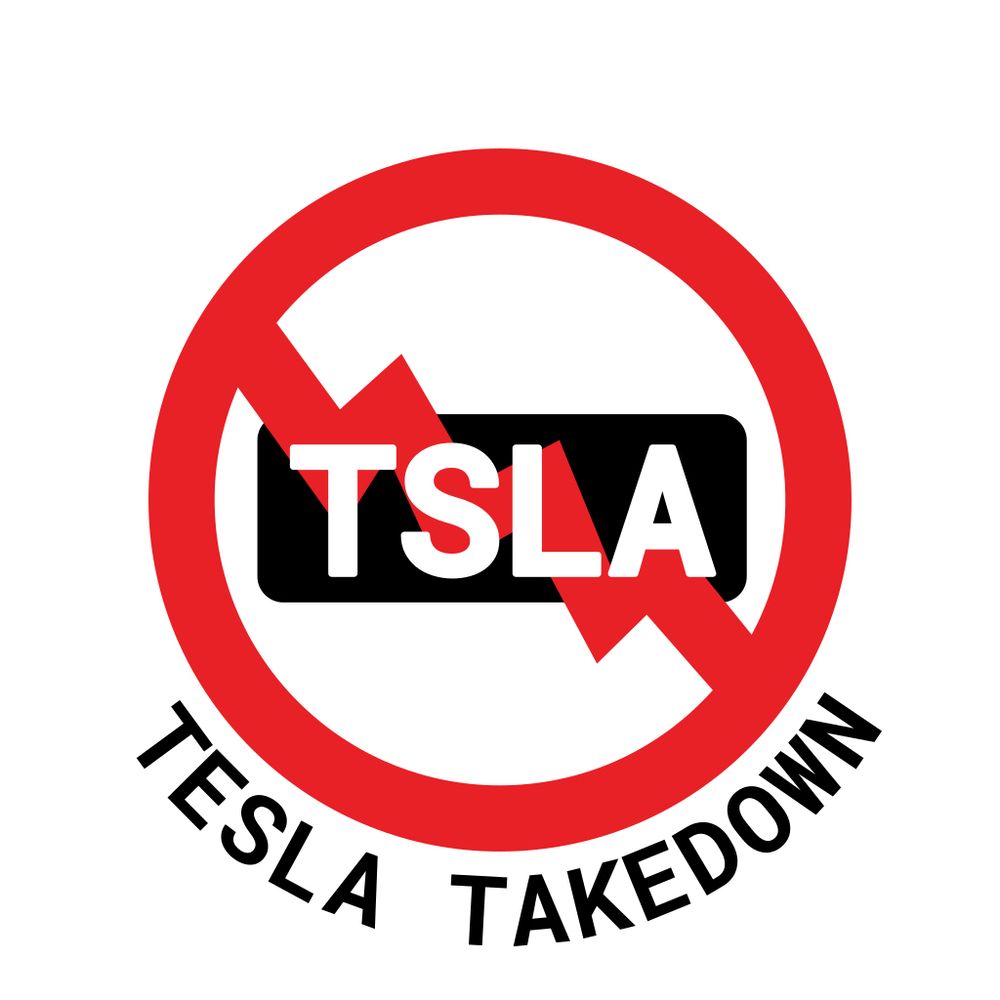 Tesla Takedown badge: TSLA stock ticker symbol with a descending red stock line in a red circle, like a traffic sign