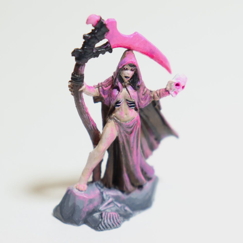a female necromancer with a glowing neon pink scythe holding a skull that also glows pink from within