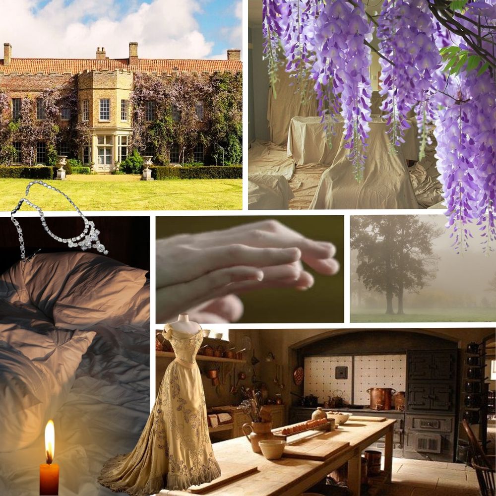 moodboard for TO KEEP A THIEF: country house, dust-sheets, wisteria, hands touching, misty countryside, Edwardian kitchen, tangled sheets with candle glow