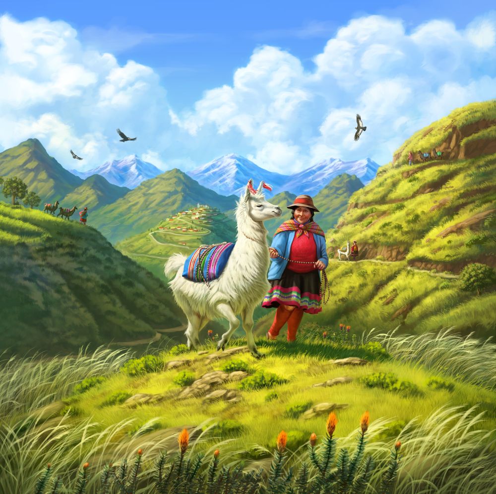 A landscape with vibrant green and blue colours, with tall mountains in the background, llama with a handler in the front and more in the back. The outfits are traditional to the area the art is based on (Andes)