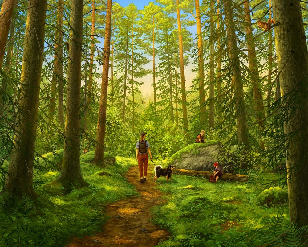 A Finnish forest scenery featuring a woman walking a dog, and two kids playing in the forest. There are other animals hiding in the forest full of pine trees, old spruces and other foliage.
