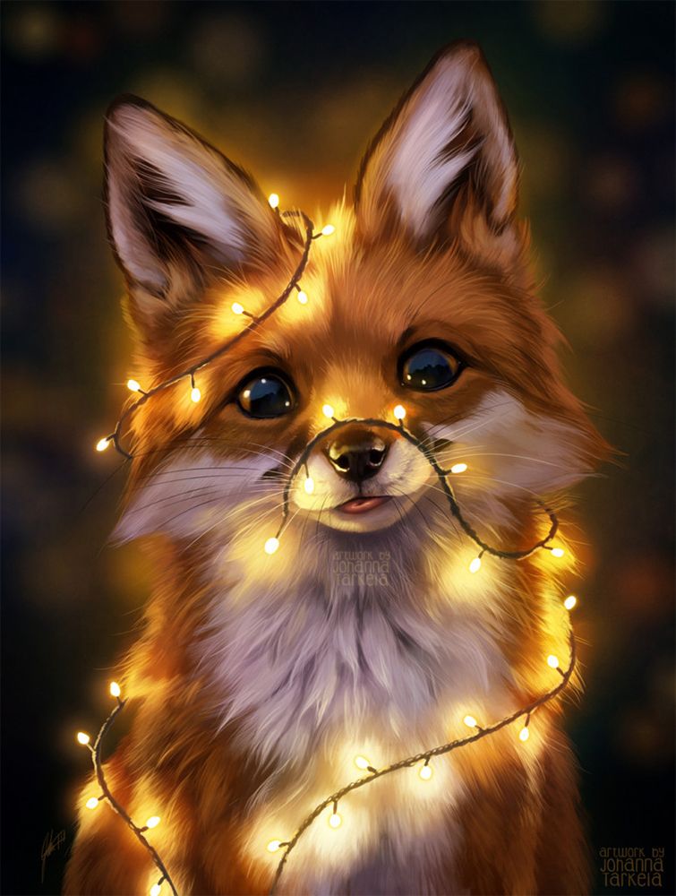 A cute stylized fox, with fairy lights in its mouth and dark out of focus background