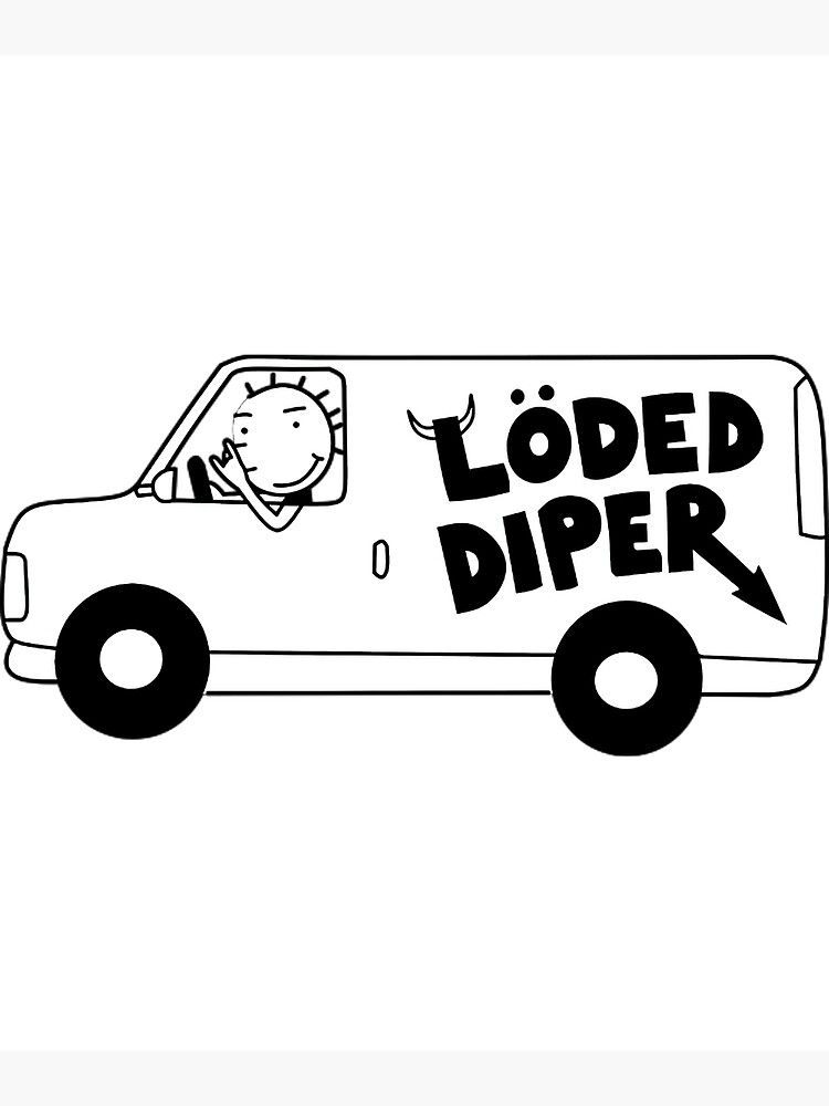 A picture of Roderick, a character from the children's book series "Diary of a Wimpy Kid" driving a van emblazoned with the logo of his band "Löded Diper"
