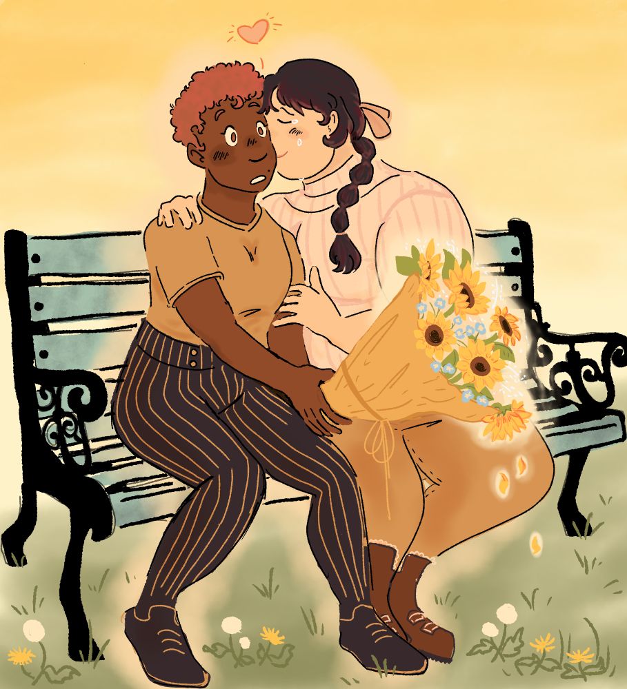 two teenage girls are sitting on a park bench together. one is kissing the other's cheek, while the other looks a bit dumbstruck. she's about to drop the bouquet of sunflowers and forget-me-nots she's holding in surprise.