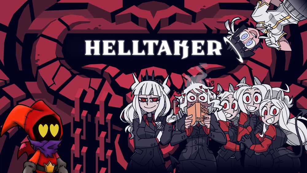 Thumbnail with Helltaker UI. Featuring the characters Lucifer, Modeus, and Cerberus (who appears as three girls) in the bottom right corner.
Azazel is peaking out of the top right
An imp made of patchwork is at the bottom left hand corner. There are hearts in his eyes.