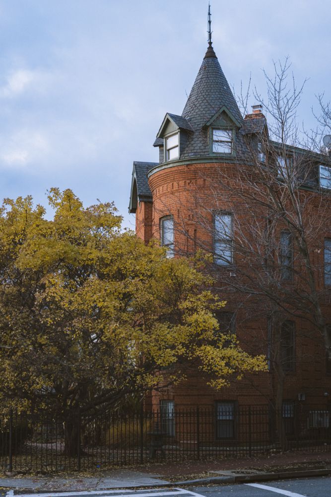 A building with a round turret at top and a yellow tree