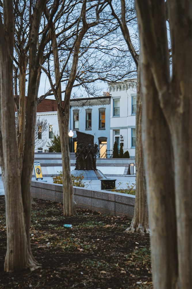 African American Civil War Memorial through trees 