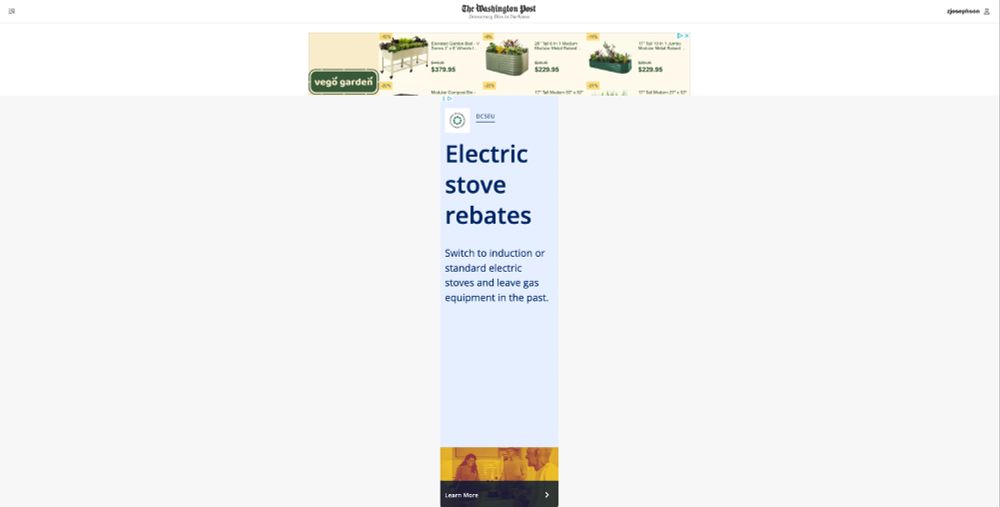 A screenshot of the Washington Post obscured by a banner ad at the top and a popup covering the rest