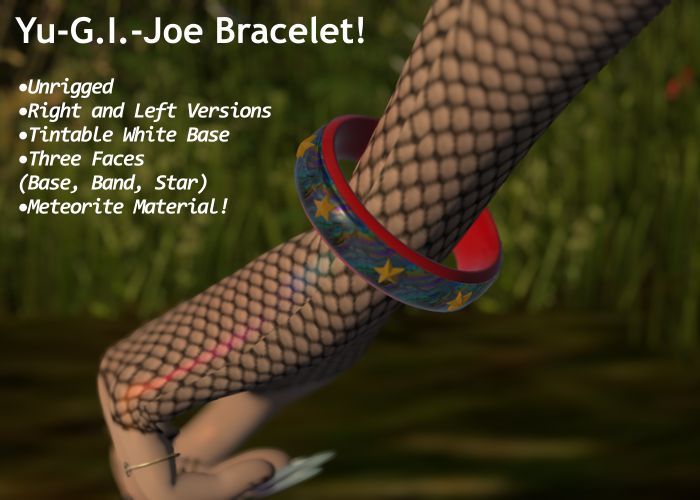 Second Life screenshot of an arm and hand with a bracelet which is center frame, the bracelet is at the base of it a red plastic bangle, then a band of meteorite looking metal wrapping around the outer wall and stars on the extruding on the outer band