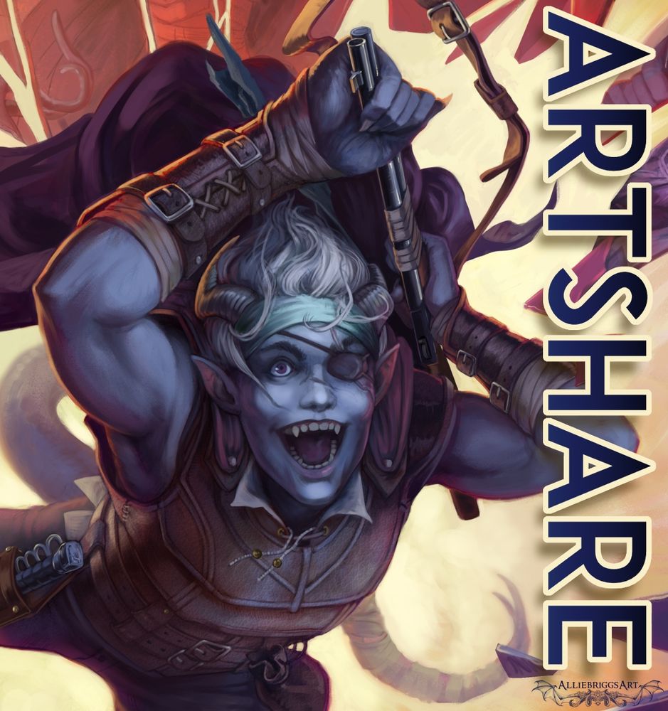 Artshare. A lavender tiefling is jumping excited toward the viewer!
