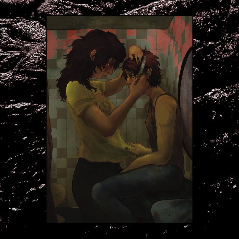 Digital artwork of two lesbians, one with long, dark hair standing before a bathroom counter, and the other with a short, red-black chop, sitting on the counter. The long-haired woman is giving her partner a haircut with a knife. The background shows they are in a dingy old bathroom with checkered walls.