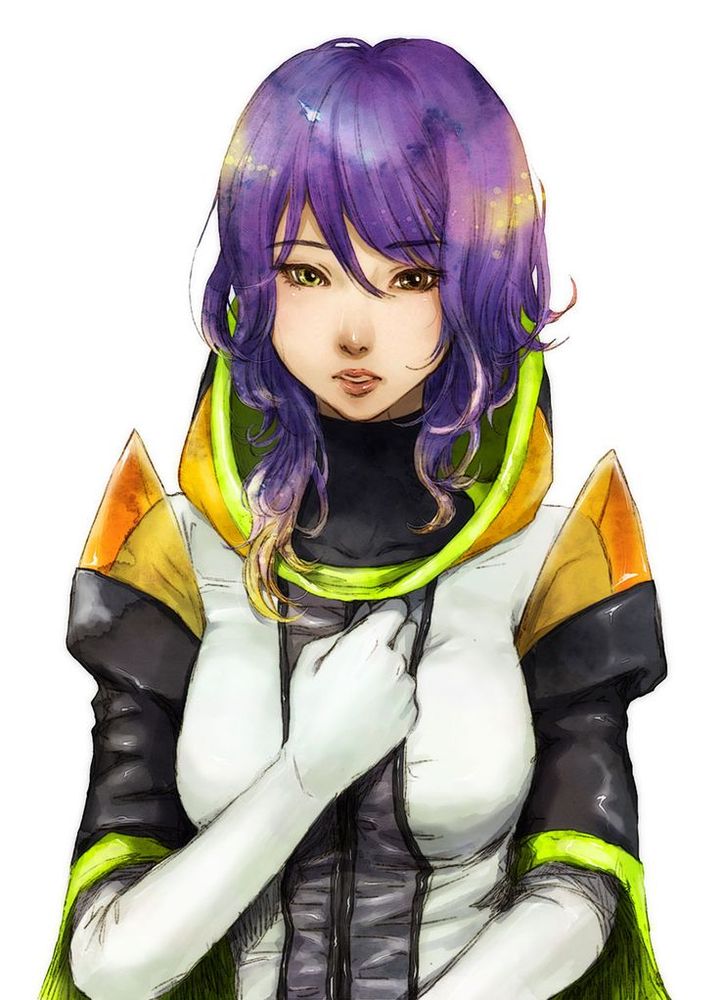 jina from gnosia, a purple-haired girl in a futuristic white and black outfit with orange and neon green accents, looks towards the viewer. 