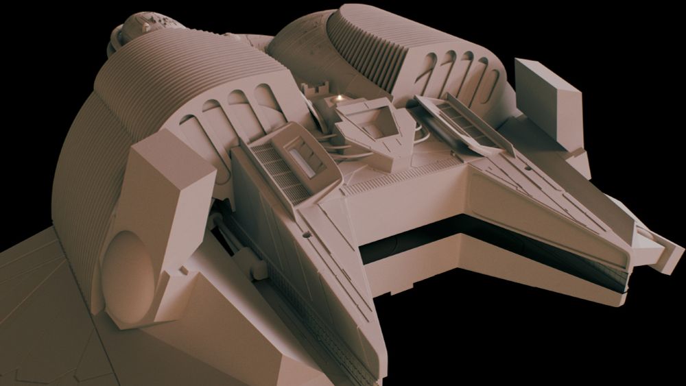 Render of the rear end of an incomplete Klingon Bird of Prey. Main hull details largely complete, but still missing the engine.