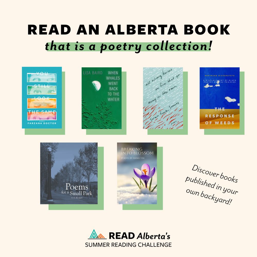 Header: "Read an Alberta Book that is a poetry collection". Tagline "Discover books published in your own backyard". Footer: Read Alberta's Summer Reading Challenge. Featuring six covers from Alberta published books.