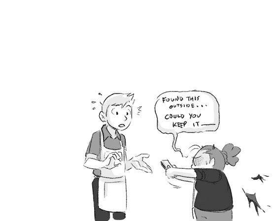 Aprils horns shrink and wings wither away. She hands the phone to a daiso worker
April: found this outside… could you keep it…
April has seen too much.