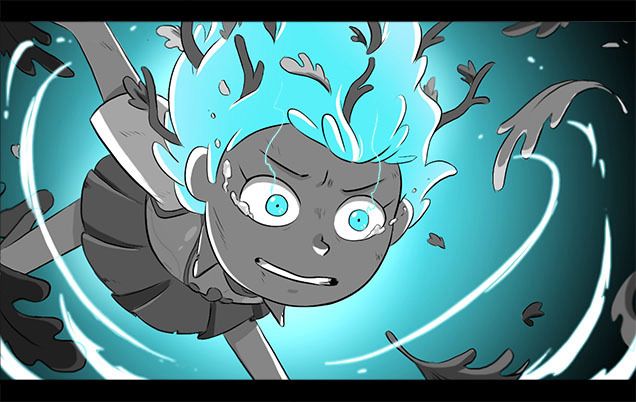 Anne using her powers, kicking up a gust of air and leaves. Tears escape her eyes.