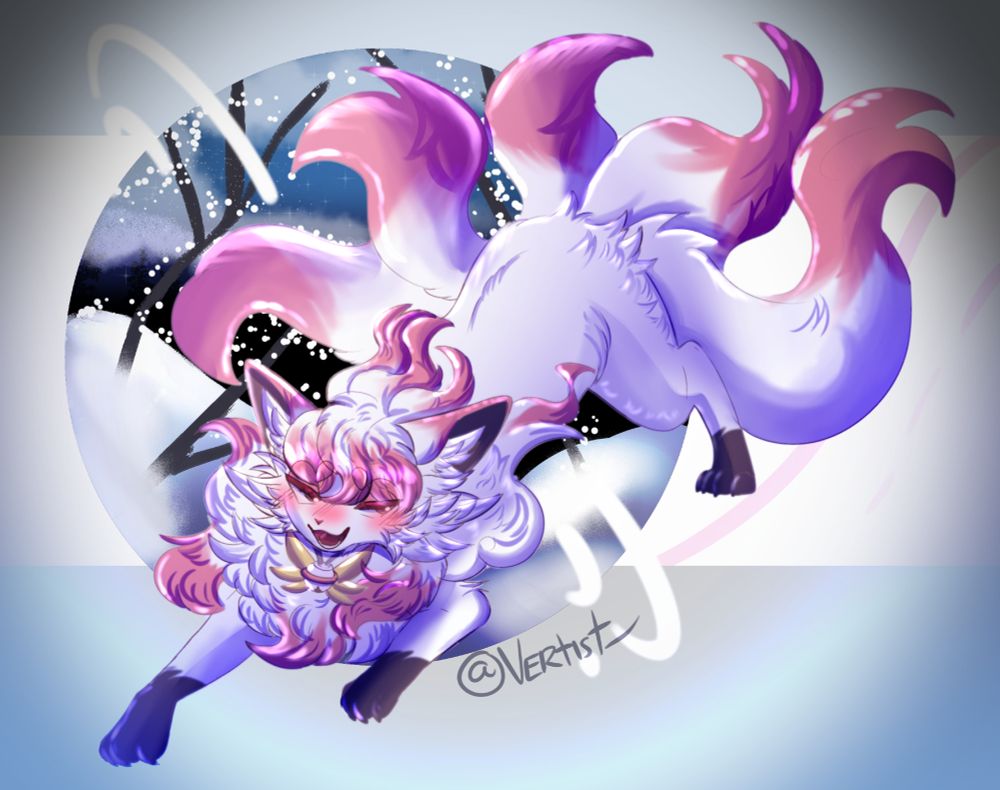 My Hisuian Zorua oc who is a cross breed between an alolan vulpix, and a zorua, in a winter woods setting.