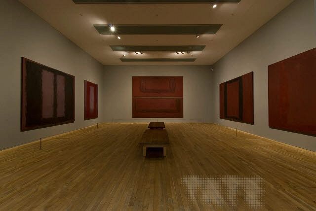 Rothko room at the Tate modern, London. Several dark red / purple canvasses with a rectangle or two painted on them.