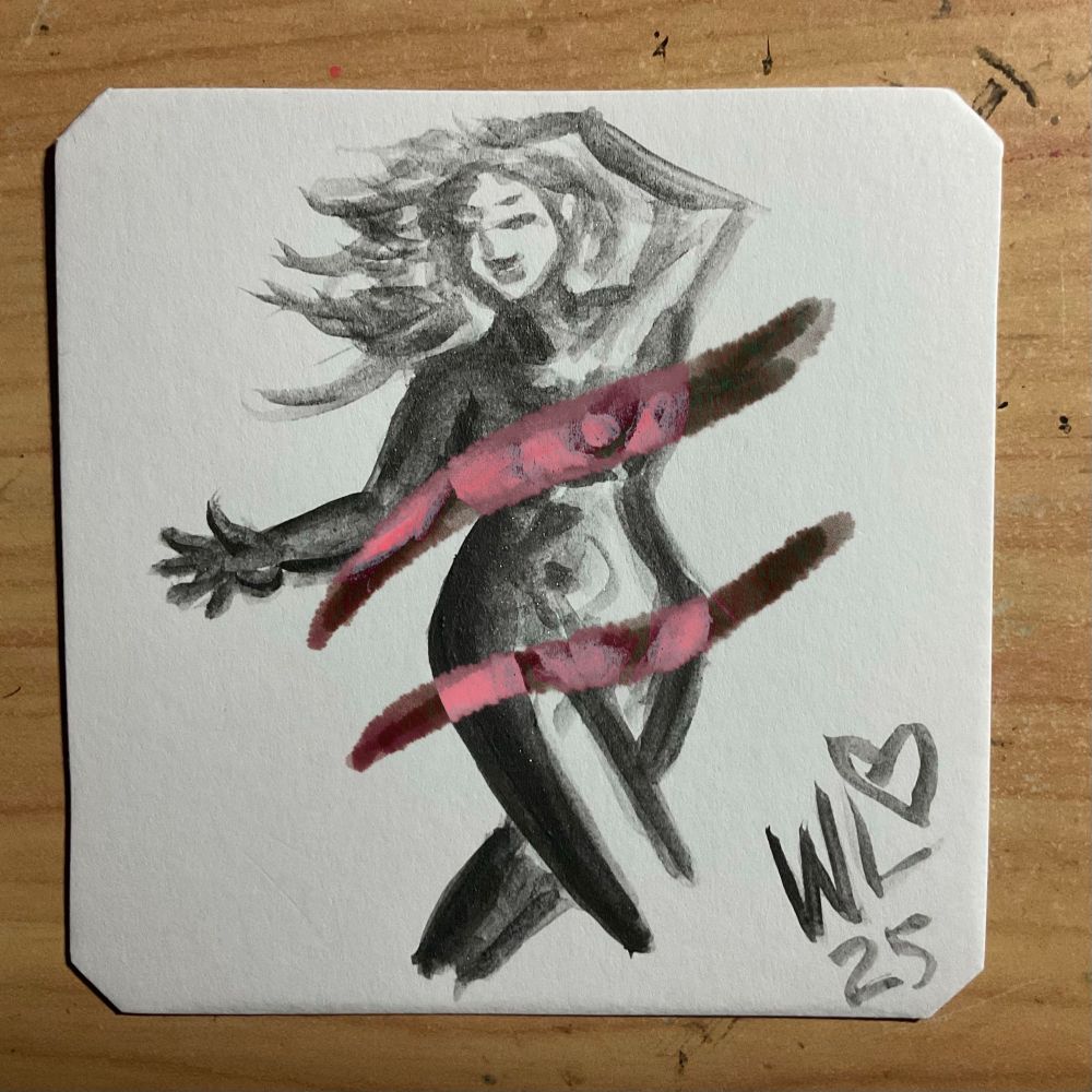 A monochrome liquid graphite drawing on a square artist tile with beveled edges. The artwork shows a stylized female figure in a dynamic pose, with hair flowing. Her left arm is raised above her head, and her right arm is extended. The initials "WL" and the number "25" are in the bottom right corner.
