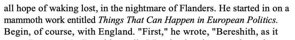 A passage from Gravity's Rainbow reading "He started in on a
mammoth work entitled Things That Can Happen in European Politics."