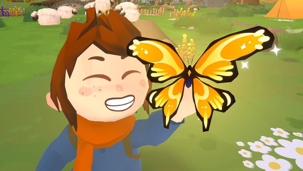 Capture d'écran du jeu "CatchMaker". On y voit notre personnage, une jeune fille, tout fier d'avoir capturé un magnifique papillon.