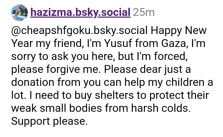 @hazizma.bsky.social then uses a copypasta now saying they are "Yusuf", from Gaza.
"@cheapshfgoku.bsky.social Happy New Year my friend, I'm Yusuf from Gaza, I'm sorry to ask you here, but I'm forced, please forgive me. Please dear just a donation from you can help my children a lot. I need to buy shelters to protect their weak small bodies from harsh colds. Support please."