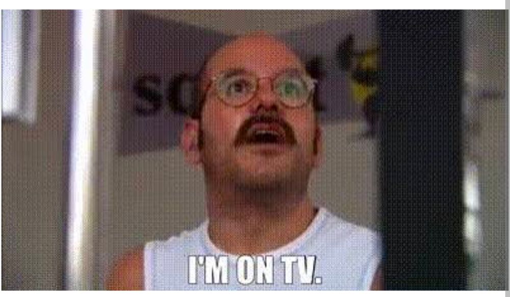 Image of Tobias from Arrested Development saying "I'm on TV", from the episode where the military mistakenly thought pictures of his balls were proof of WMDs in Iraq 